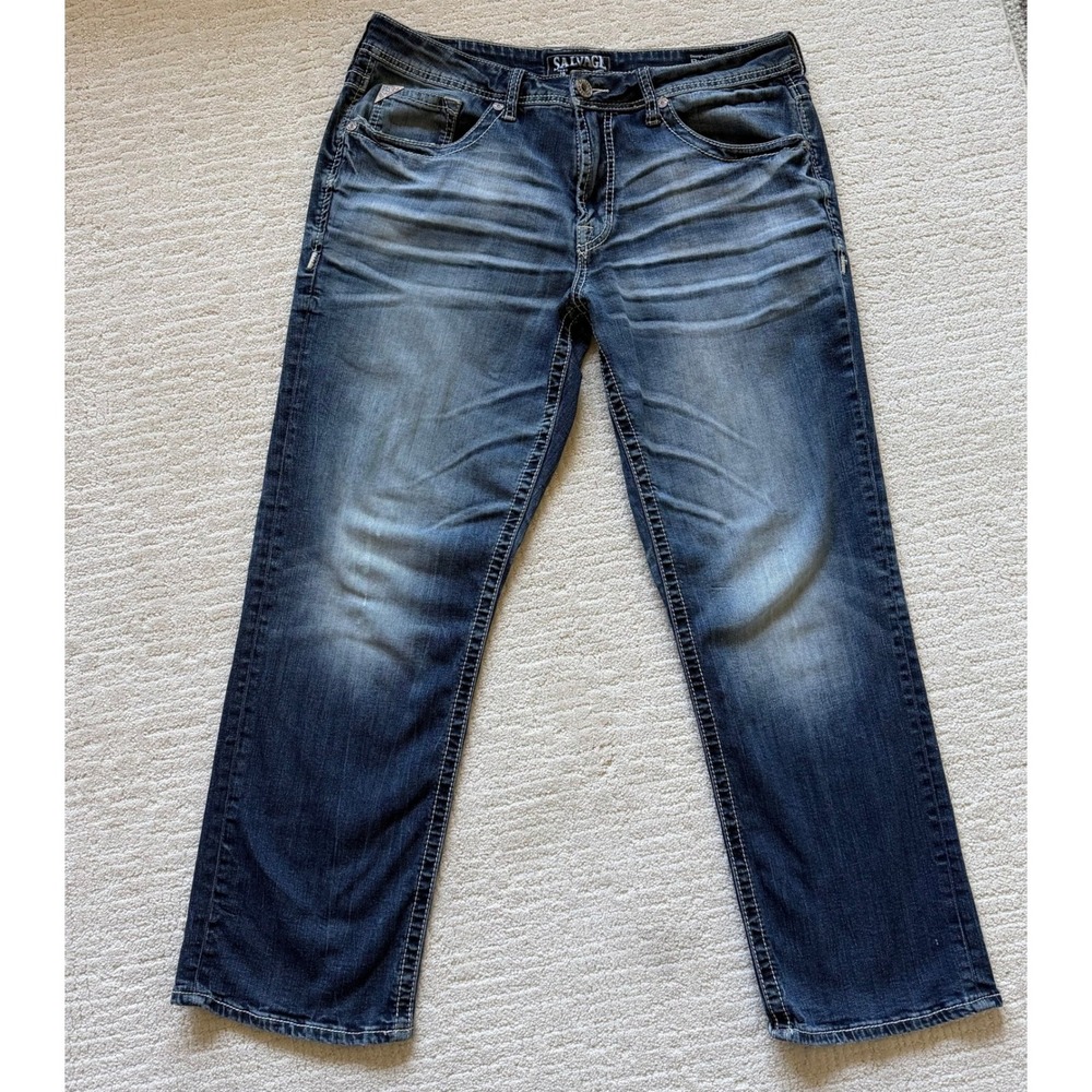 Salvage Anarchy Straight Relaxed Fit Jeans Blue Med Wash Contrast Stitch 34S